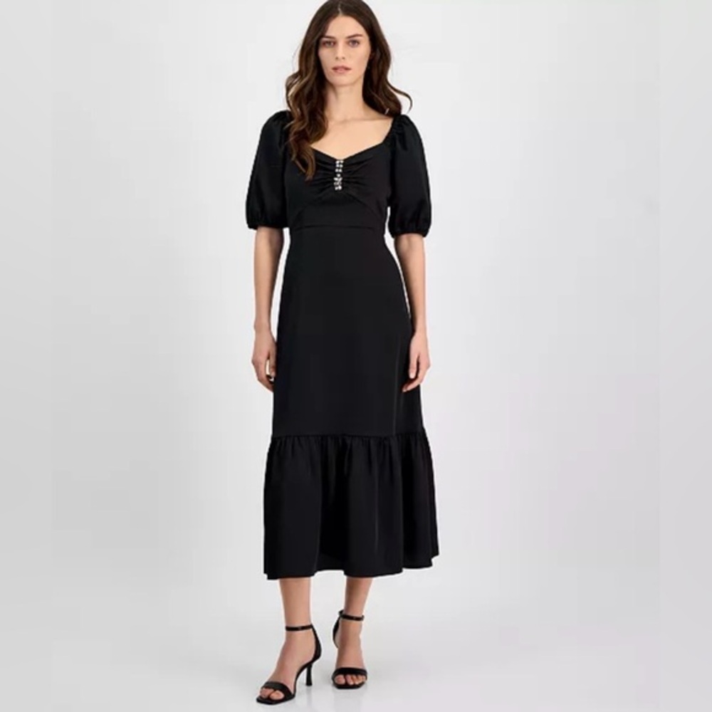 Anne Klein Women's Rhinestone Puff-Sleeve Midi Dress NEW